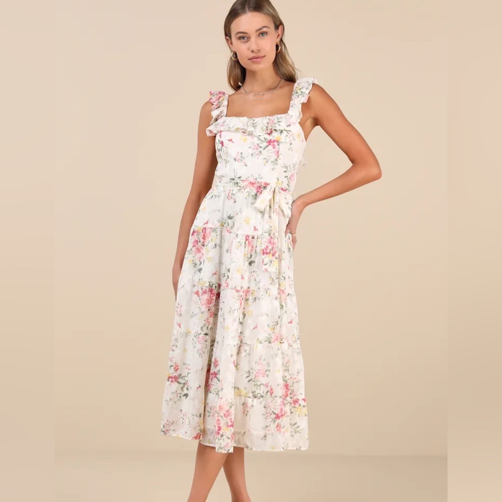 Lulus Shela Ivory Floral Jacquard Tiered Midi Dress